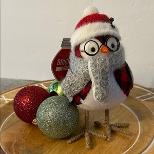 Winter bird decoration NEW Buffalo plaid outfit red hat with a grey scarf